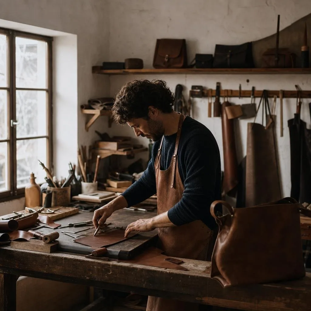 A quiet leather workshop with tools and hides in natural light