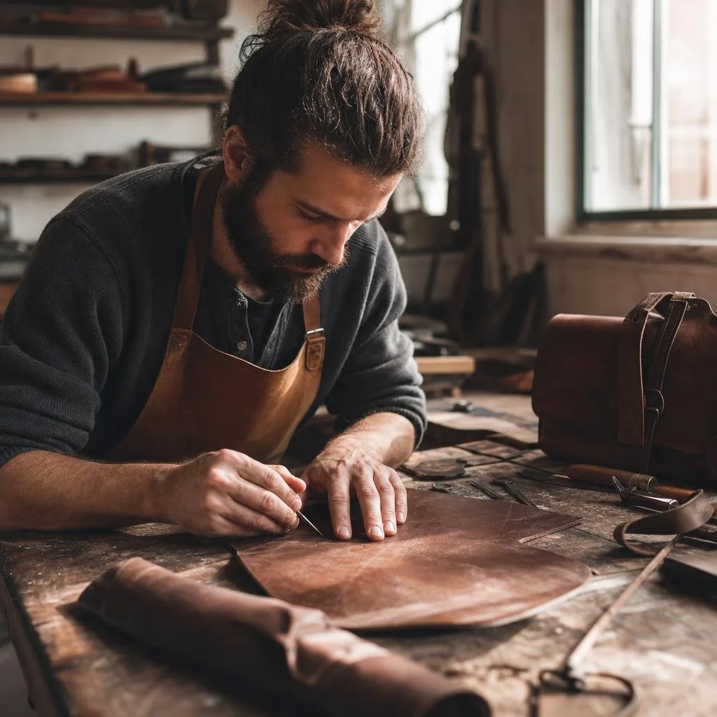 A leatherworker's bench with an awl, waxed thread, and a bag in progress